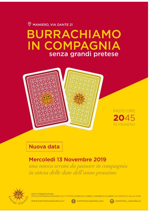 Palio di Legnano, Contrada Legnarello: 13/11 ore 20.45 Burrachiamo in Compagnia senza tante&nbsp;pretese