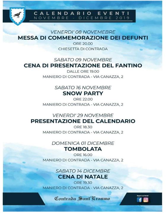 Palio di Legnano, Contrada Sant’Erasmo: Eventi Mesi Novembre-Dicembre 2019