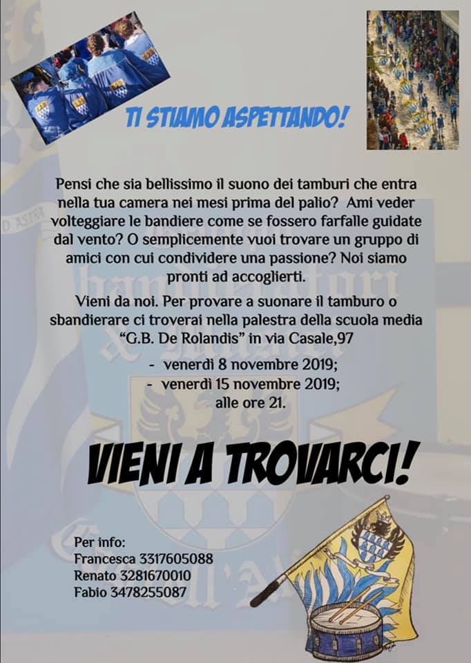 Palio di Asti, Comitato Palio Castell’Alfero: 08/12 e 15/12 Vieni a provare a Suonare il Tamburo o a&nbsp;Sbandierare