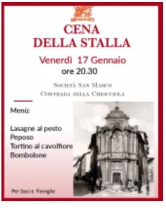 Siena, Contrada della Chiocciola: 17/01 Benedizione della Stalla e a seguire “Cena della&nbsp;Stalla”
