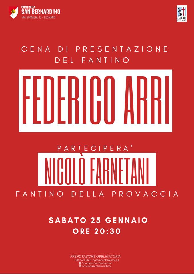 Palio di Legnano, Contrada San Bernardino: 25/01 Cena di Presentazione del&nbsp;fantino