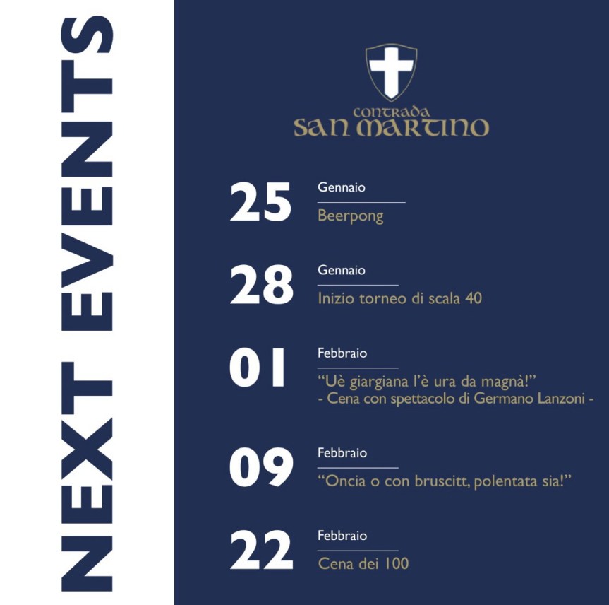 Palio di Legnano, Contrada San Martino: I Prossimi Eventi in Contrada nel mese di Febbraio&nbsp;2020
