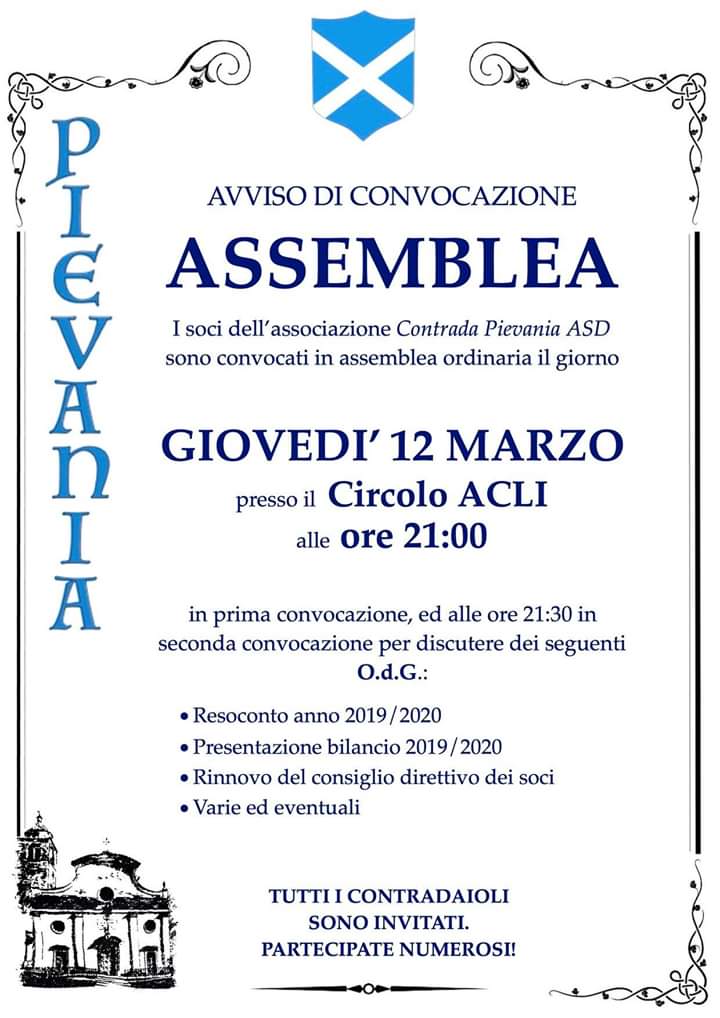 Palio di Buti, Contrada Pievania: 12/03 Assemblea&nbsp;Ordinaria