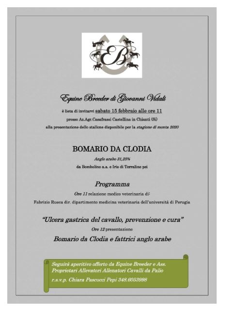 Ippica: 15/02 Presentazione Stallone Bomario da Clodia presso Equine Breeder di Giovanni&nbsp;Vidali