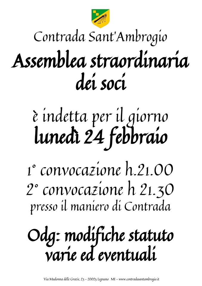 Palio di Legnano, Contrada Sant’Ambrogio: 24/02 Assemblea Straordinaria dei&nbsp;Soci