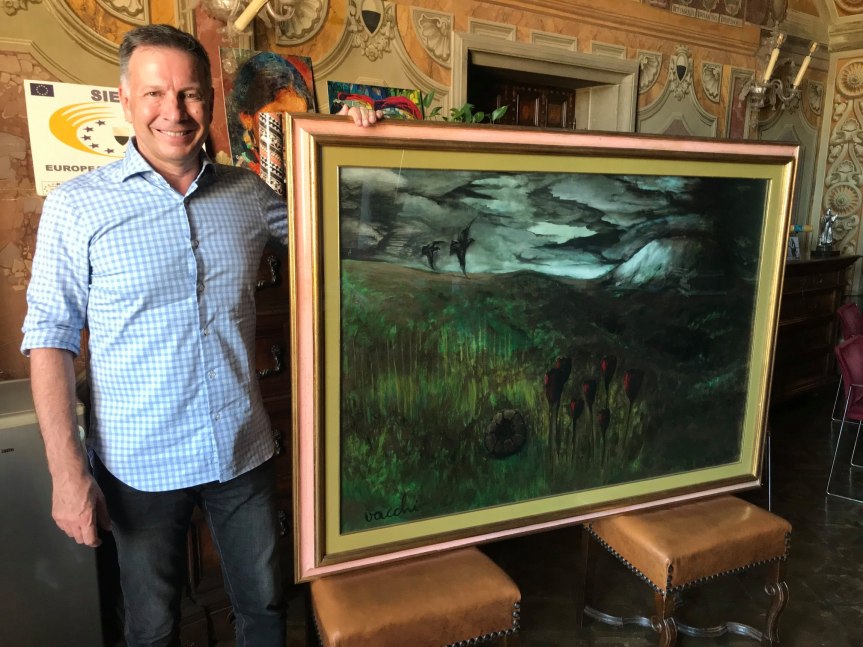 Siena: Oggi 14/08 il Comune di Siena ha ricevuto il donazione il quadro di Sergio Vacchi “Prima di&nbsp;Bologna”