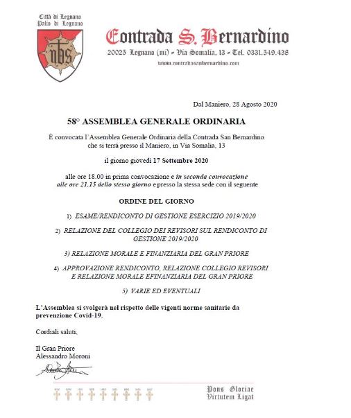 Palio di legnano, Contrada San Bernardino: 17/09 58^ Assemblea Genrale&nbsp;Ordinaria