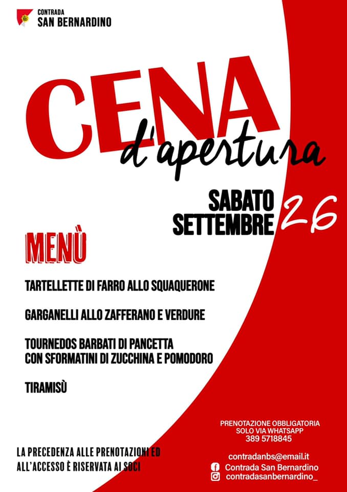 Palio di Legnano, Contrada San Bernardino: 26/09 Cena d’Apertura