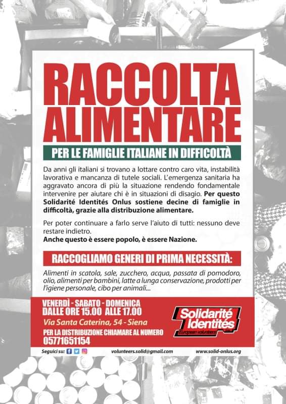 SIENA: CRISI ECONOMICA: SOL.ID ONLUS PROMUOVE UNA RACCOLTA DI GENERI DI PRIMA NECESSITA’ PER LE FAMIGLIE ITALIANE IN DIFFICOLTÀ ANCHE A&nbsp;SIENA.