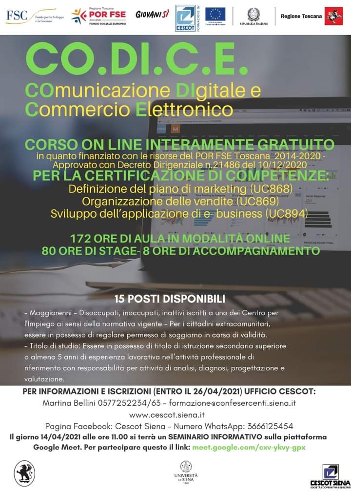Siena: Cescot Siena lancia il Corso “Comunicazione Digitalee Commercio Elettrico”