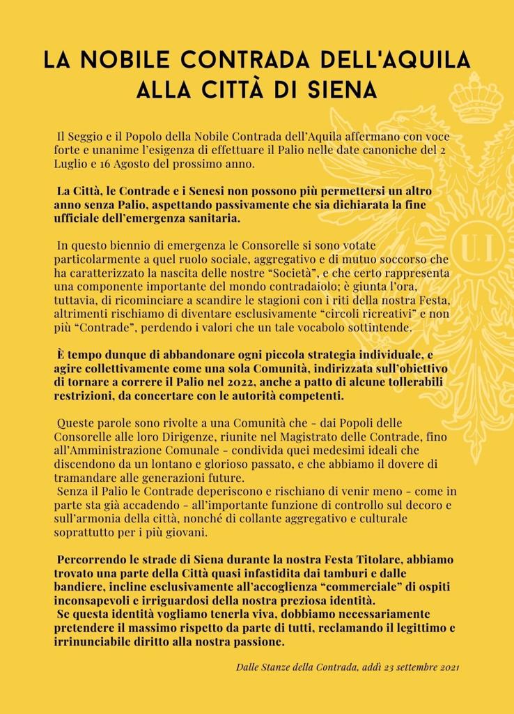 Palio di Siena, Contrada dell’Aquila, Il messaggio della Contrada: “Abbandoniamo gli individualismi per tornare a correre il&nbsp;Palio”