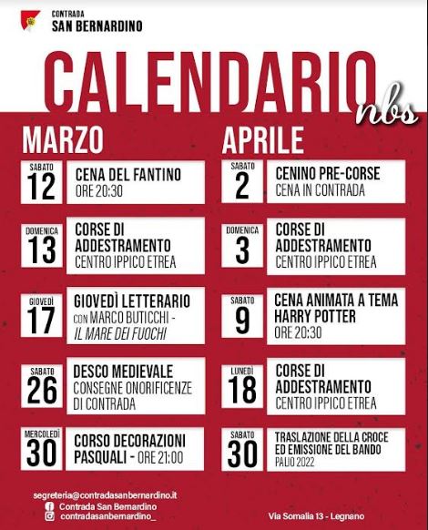 Palio di Legnano, Contrada San bernardino: Comunicato Stampa Desco Medievale e appuntamenti di Marzo e Aprile&nbsp;2022