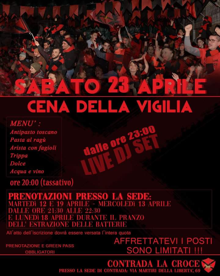 Palio di Buti, Contrada La Croce: 23/04 Cena della&nbsp;Vigilia