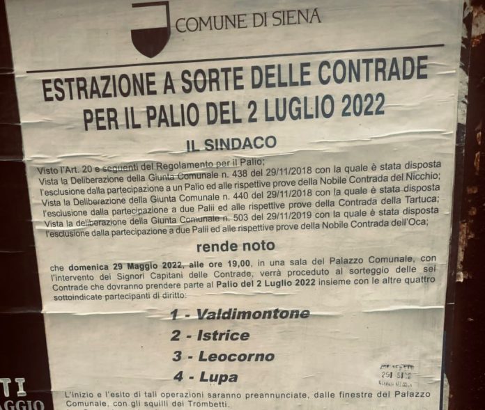 Palio di Siena, i Capitani: “Bello vedere l’affissione del Comune per l’estrazione del&nbsp;29”