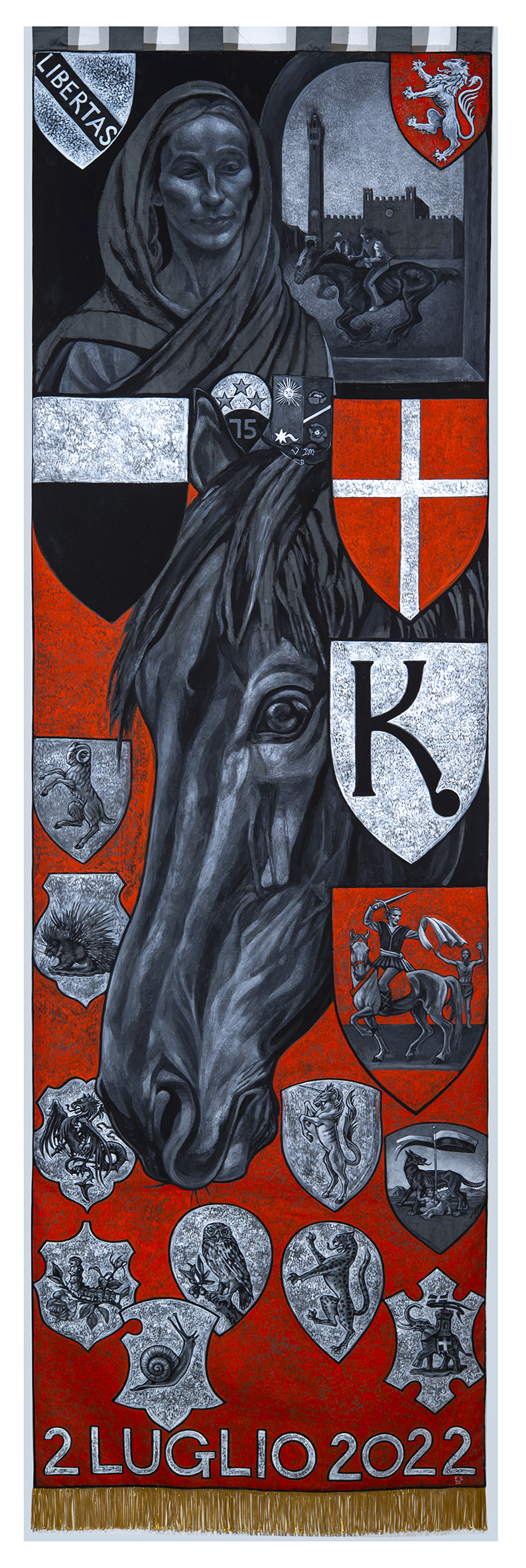 Palio di Siena: Oggi 26/06 pesentato il Drappellone di Emma Sergeant e il&nbsp;Masgalano