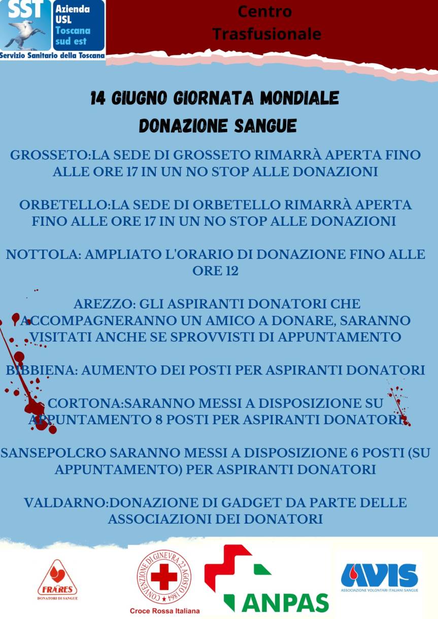 Toscana, 14 giugno: Giornata mondiale del donatore di sangue. Gli eventi nei centri trasfusionali della Asl Toscana sud&nbsp;est