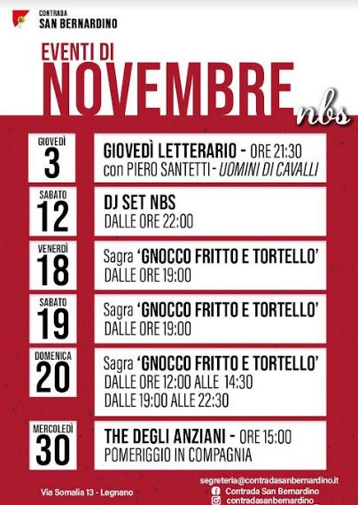 Palio di Legnano, Contrada San Bernardino: NBS- Comunicato stampa per eventi nel mese di&nbsp;novembre