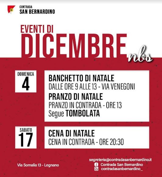 Palio di Legnano. Contrada San Bernardino:  Appuntamenti mese di Dicembre&nbsp;2022