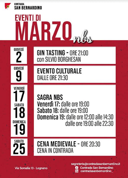 palio di legnano, Contrada San Bernardino: Gli appuntamenti del mese di Marzo&nbsp;2023