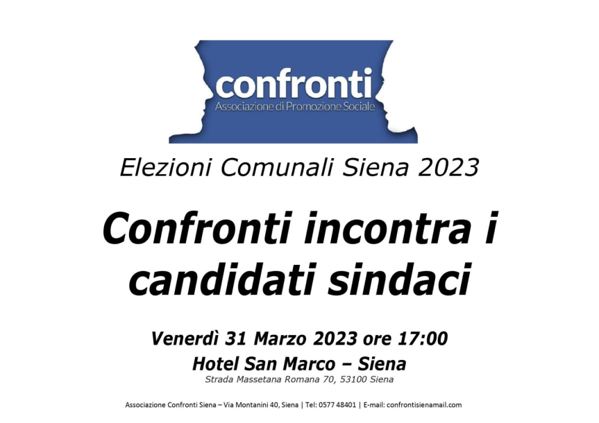 Siena: Confronti incontrerà i candidati a sindaco domani 31&nbsp;marzo