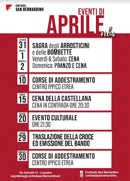 Palio di Legnano, Contrada San Bernardino: Gli appuntamenti del “Mese di&nbsp;Aprile”