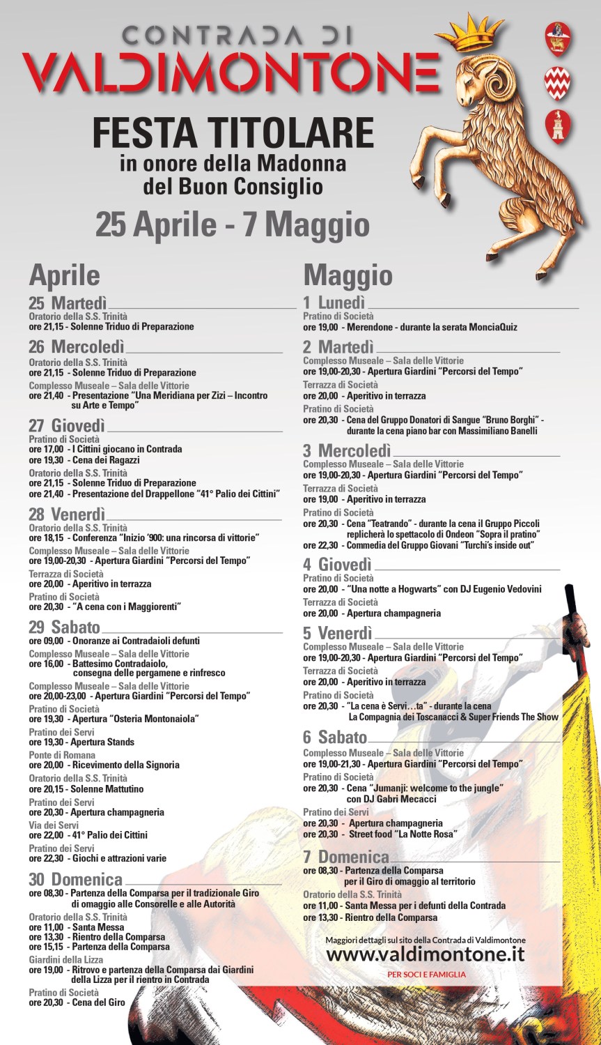 Siena, Contrada di Valdimontone: Il programma della Festa Titolare&nbsp;2023