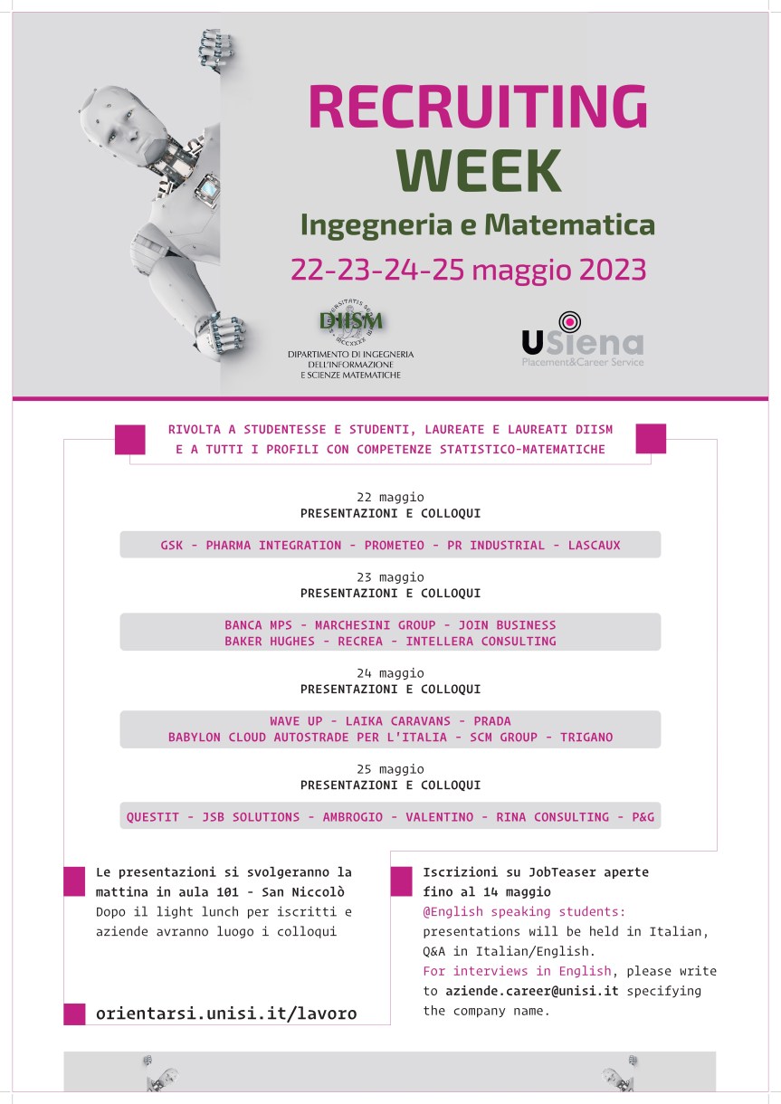 Siena: “Recruiting Week” all’Università del dipartimento di Ingegneria dell’informazione e scienze&nbsp;matematiche