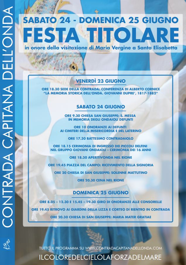 Siena, Contrada dell’Onda: Oggi 24/06 e Domani 25/06 Programma Festa Titolare&nbsp;2023
