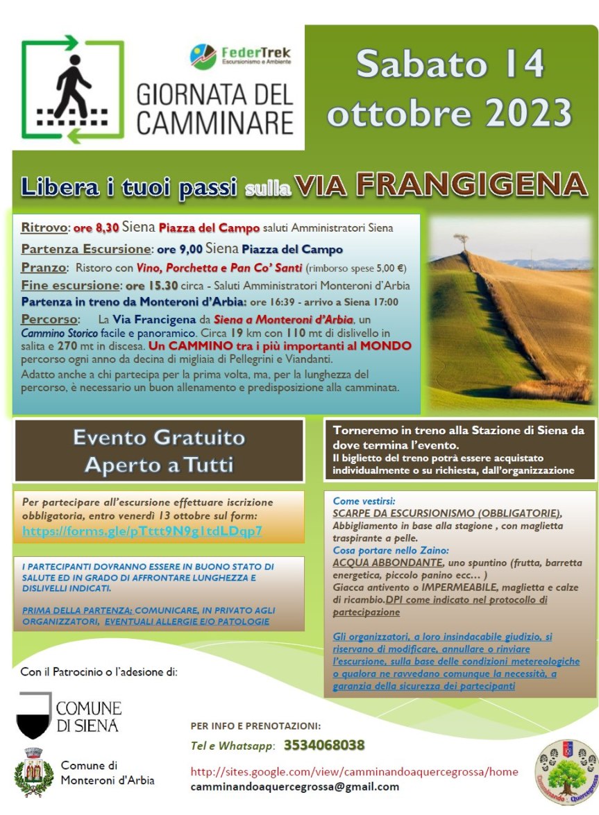 Siena: Domani 14/10 Giornatadel Camminare, libera i tuoi passi sulla Via&nbsp;Francigena