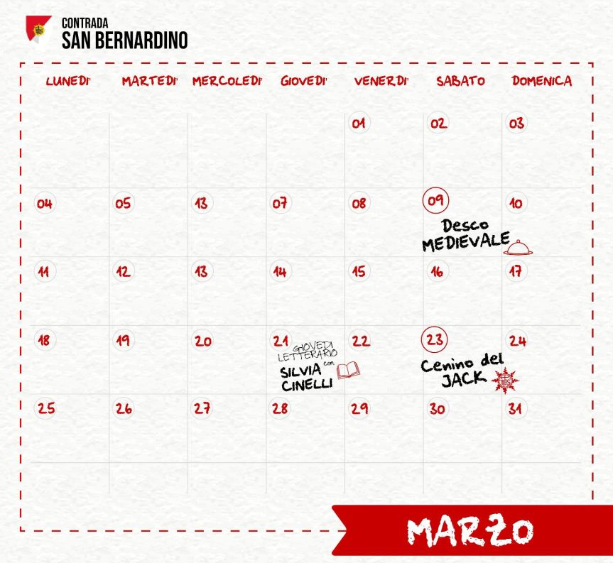 Palio di Legnano, Contrada San Bernardino’ Appuntamenti mese di Marzo&nbsp;2024