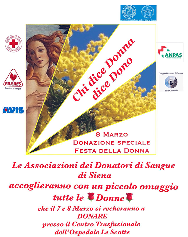 Siena, 8 marzo: mimose per le donatrici del Centro Emotrasfusionale dell’Aou Senese offerte dalle associazioni di volontariato