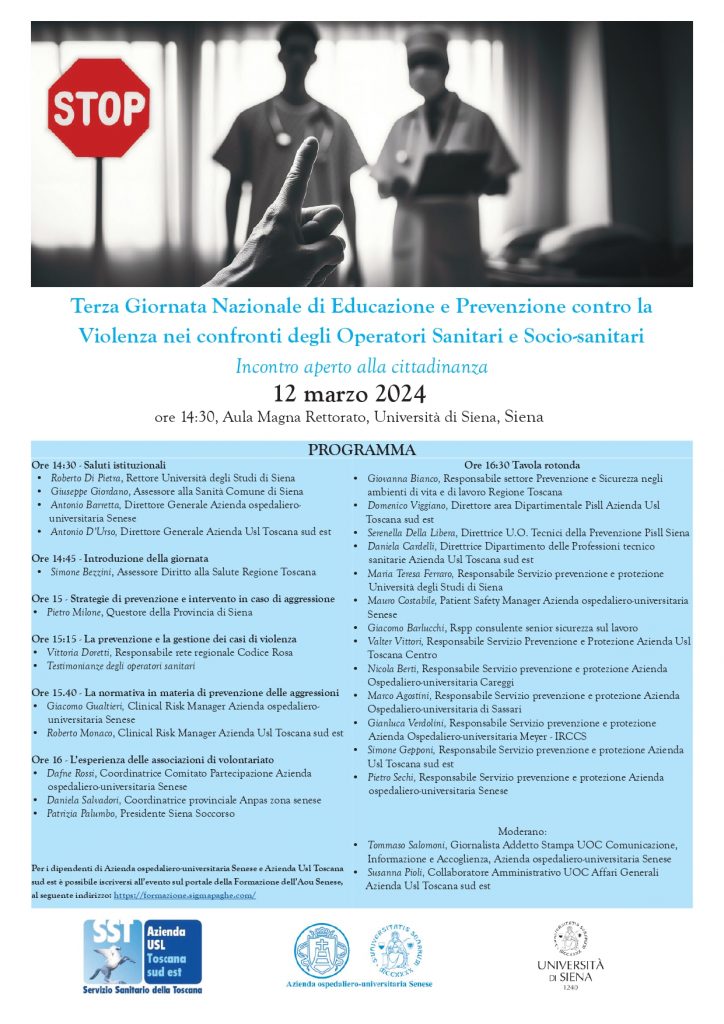 Siena: Terza Giornata di educazione e prevenzione contro la violenza nei confronti degli operatori sanitari e socio-sanitari
