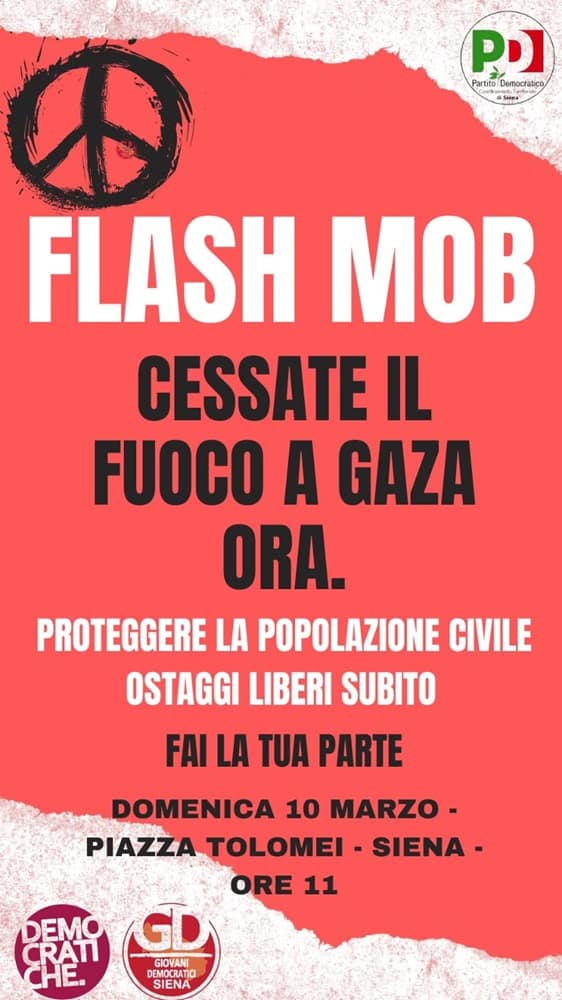 Siena: Domenica 10 marzo in città il flash mob “Cessate il fuoco a Gaza Ora”, presente Laura Boldrini