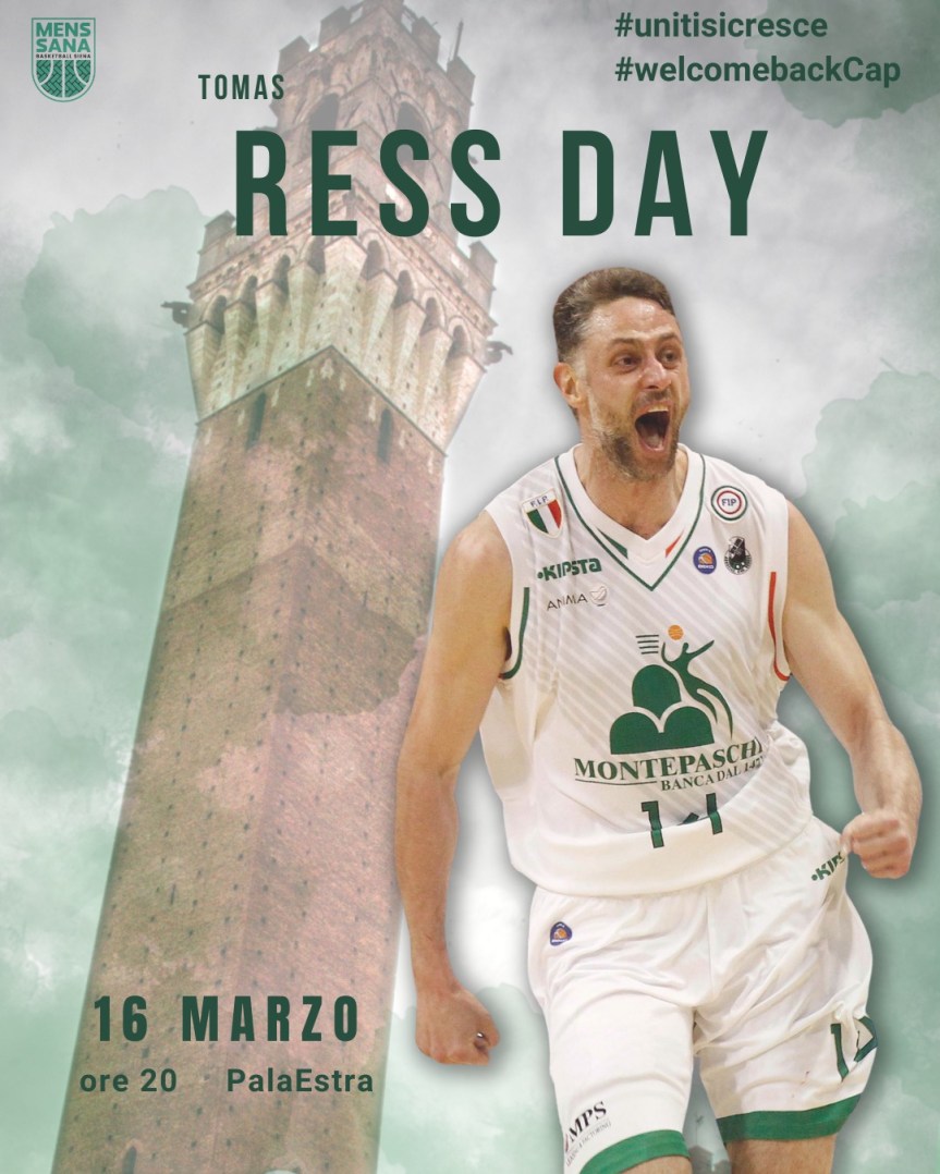Siena: Mens Sana Basketball, Tomas Ress torna in città per salutare i&nbsp;tifosi