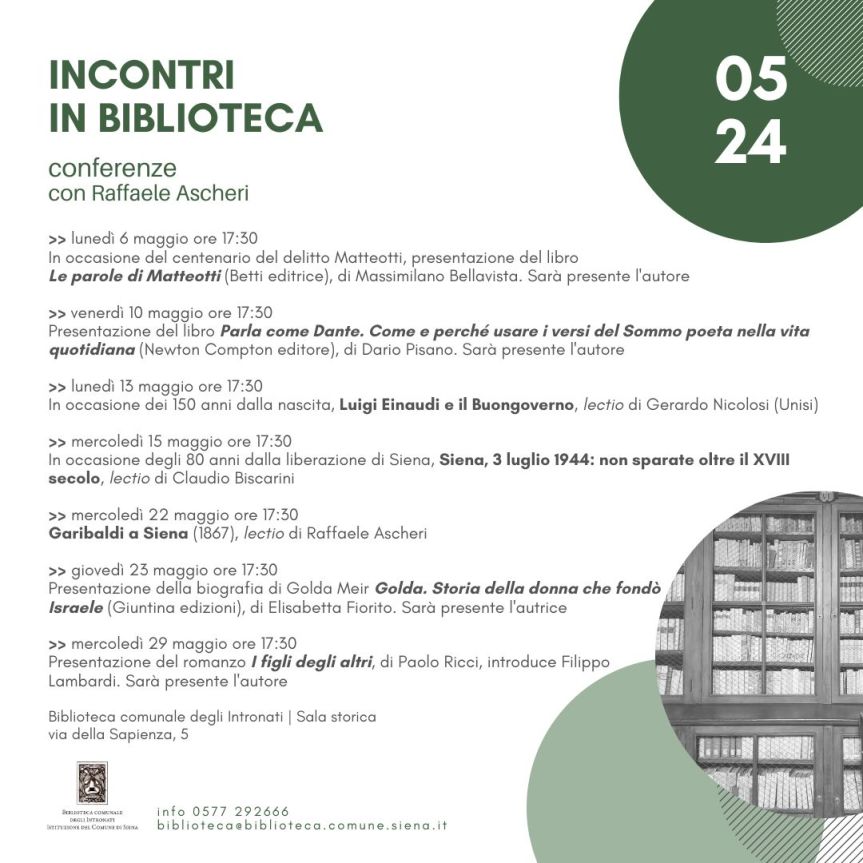 Siena: “Incontri in Biblioteca”, al via gli eventi di&nbsp;maggio